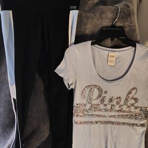 Pink Sequin Logo T-Shirt and Black Leggings Set